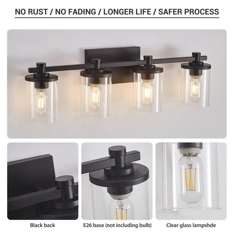4 Light Black Vanity Light Fixtures For Modern Bathrooms Over The Mirror With Clear Glass Shades And Durable Metal Base