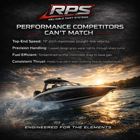 Boat cruising at sunset with performance text overlay by RPS