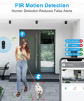 Woman walking dog with smartphone interface of 2K Wireless Video Doorbell Camera With Real Time Alerts 2 Way Audio Battery Powered