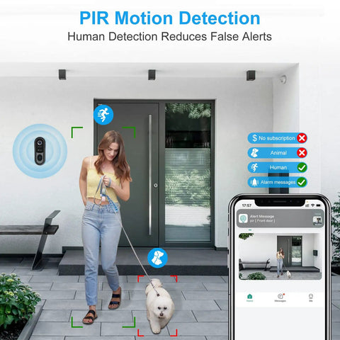 Woman walking dog with smartphone interface of 2K Wireless Video Doorbell Camera With Real Time Alerts 2 Way Audio Battery Powered
