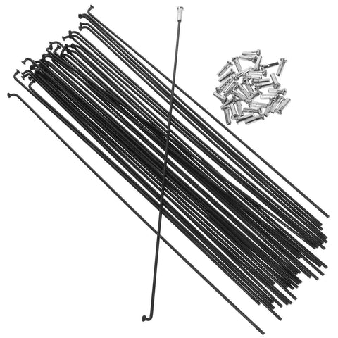 36Pcs 14G J Bend Mountain Bike Spokes Set Premium Steel Wheel Spokes 260mm Length MTB Rim And Hub Compatible Durable Cycling Spokes For Build And Repair shown with black steel spokes and silver nipples.