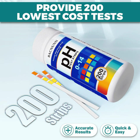 Top Notch pH Test Strips 0 to 14, 200 Count Litmus Paper Kit bottle and strips with color chart
