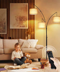 Arc LED Floor Lamp With Remote Control, Dimmable Three Light Arched Tall Lamp in a living room with a child reading