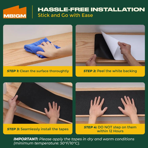 Four-step installation guide for Eight Pack 24 By 6 Inch Pre Cut Stair Treads With 80 Grit Aluminum Oxide Traction Pad For Outdoor Steps Keeps You Safe Non Slip Heavy Duty Adhesive Strips Weatherproof For Indoor And Outdoor Use