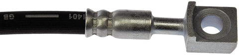 Close-up of front passenger side brake hydraulic hose for Chevy and GMC vehicles replacement direct fit no fuss easy install.