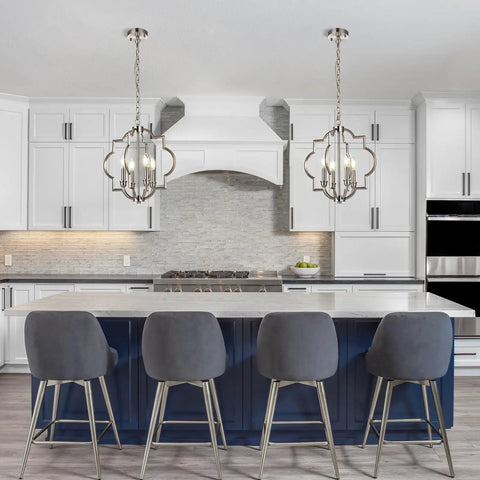 Brushed Nickel 4-Light Farmhouse Chandelier With Geometric Orb Pendant Adjustable Height Ceiling Light For Kitchen Island