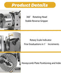 Heavy Duty Cast Iron Indexing Dividing Head With 3 Jaw Chuck And Spiral Tailstock showing 360° rotating head and rotary scale indicator.