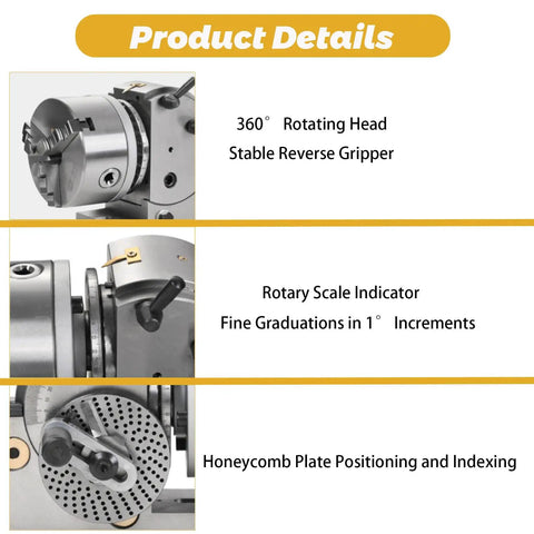 Heavy Duty Cast Iron Indexing Dividing Head With 3 Jaw Chuck And Spiral Tailstock showing 360° rotating head and rotary scale indicator.