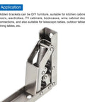 90 Degree Folding Shelf Hinge Bracket Set For Furniture - close-up of steel hidden table holder bracket, 4 pieces, foldable support