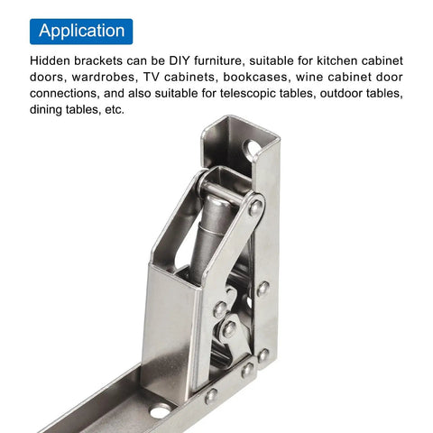 90 Degree Folding Shelf Hinge Bracket Set For Furniture - close-up of steel hidden table holder bracket, 4 pieces, foldable support