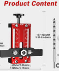 DIY Ready 2-In-1 Cabinet Door Mounting Jig With Drill Bits For Framed And Frameless Cabinets, red jig, drill bit, wrench, sizes visible