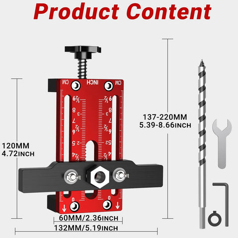 DIY Ready 2-In-1 Cabinet Door Mounting Jig With Drill Bits For Framed And Frameless Cabinets, red jig, drill bit, wrench, sizes visible