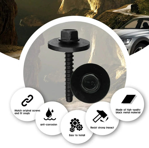 Solid Heavy Hex Head Screws For Fender Wheelhouse Console Replacement Compatible Gm Chevy Camaro Colorado Buick Cruze Set Of Ten Black Finished Fasteners showing a close-up of the screw design and head.
