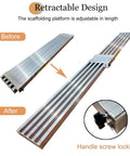 Heavy Duty Aluminum Scaffold Tower Featuring Adjustable Retractable Work Platform And Non Slip Scaffolding Plank Built Like A Tank For Serious Job Sites, showing before and after retractable design.