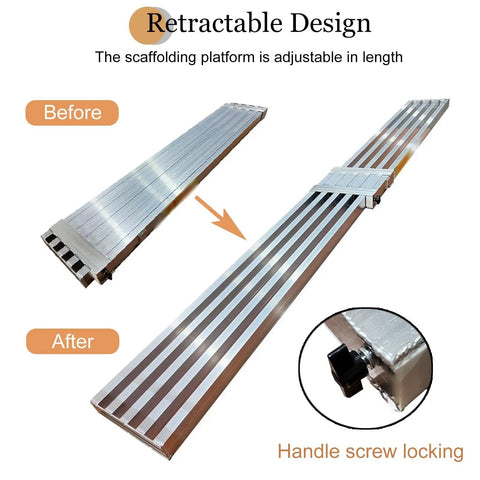 Heavy Duty Aluminum Scaffold Tower Featuring Adjustable Retractable Work Platform And Non Slip Scaffolding Plank Built Like A Tank For Serious Job Sites, showing before and after retractable design.