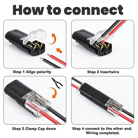 Solid As A Rock Solderless Wire Connectors Kit For 18 To 22 Awg, showing connection steps for quick splice terminals.