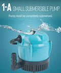 Tiny But Mighty Submersible Pump 1-A 115 Volt 1/200 HP 170 GPH under water, blue design, suitable for fountains and air conditioners.