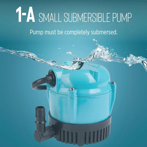 Tiny But Mighty Submersible Pump 1-A 115 Volt 1/200 HP 170 GPH under water, blue design, suitable for fountains and air conditioners.