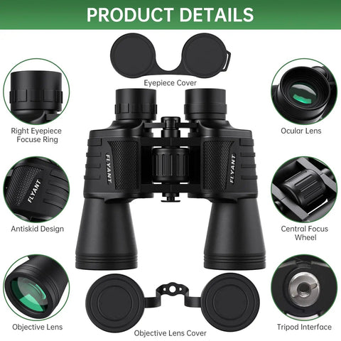 20x50 High Power Waterproof Binoculars with features including eyepiece cover, antiskid design, and tripod interface, ideal for stargazing.