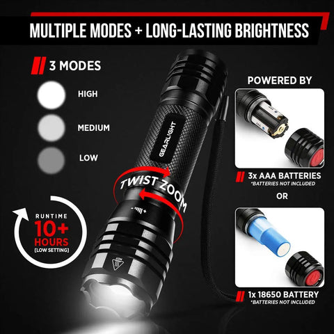 Ultra Bright LED Flashlight Kit S1050 Two Pack With Adjustable Zoom And 3 Modes For Camping Hiking Dog Walking And Emergencies