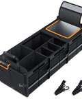 Large Trunk Organizer With Built In Leakproof Cooler Bag 2 Tie Down Straps 4 Removable Dividers Foldable Cover 2mm PE Board Durable 600D Oxford Exterior shown from side