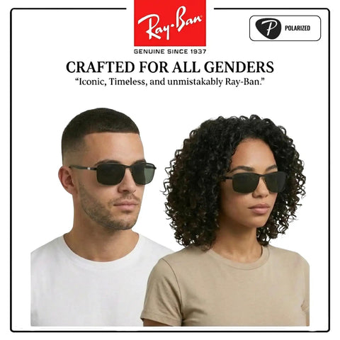 Two people wearing RB3671CH Square Round Polarized Sunglasses For Men And Women with dark gray lenses and matte black frames.