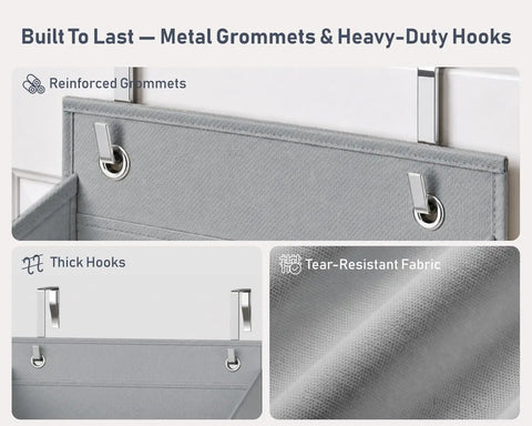 Five Tier Over The Door Hanging Storage Rack With Super Deep Pockets Absolute Game Changer For Cramped Dorm Rooms And RVs showcasing reinforced metal grommets and hooks in grey.