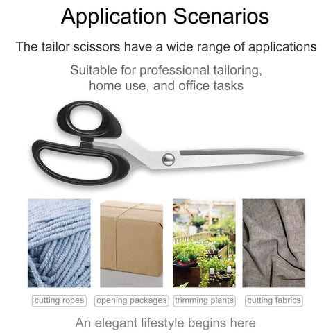 All Purpose 10 Inch Fabric Scissors Heavy Duty Stainless Steel Pro Shears For Cutting Clothes And Leather Perfect For Tailors Home And Office Use With Sharp Precision And Beefy Build, shown with fabric, packages, plants, and clothes