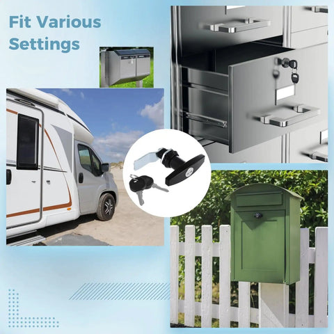 Four Piece T Handle Cabinet Locks With Keys For RV And Truck Storage Drawers Campers And Trailers Heavy Duty Zinc Alloy Latch Locks For Garages Tool Boxes And Letter Boxes displayed with various uses.