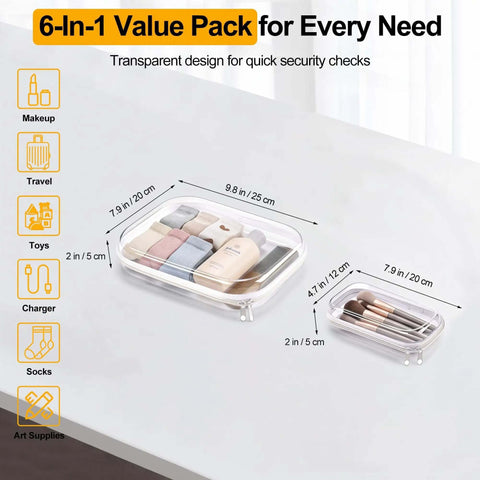 Game Changing Clear Hard Shell Zipper Pouches Including One Medium And Three Small Sizes Designed To Master Your Diaper Bag Setup While Keeping All Daily Essentials Secure And Hassle Free, shown in clear material with various sizes and contents.