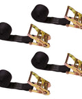 4 Pack Hookless Endless Loop Ratchet Straps 2 Inch By 10 Foot Heavy Duty Polyester Webbing showing black straps with metal ratchets.