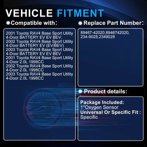 Vehicle fitment details for Upstream O2 Oxygen Sensor For Front Right 2001 To 2003 Toyota Rav4 2.0L.