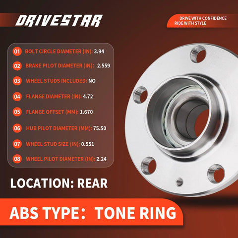 Product specifications for Rear Wheel Hub And Bearing Assembly 512012 For Audi TT 2000 2006 And Volkswagen Beetle 1998 2010