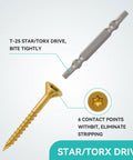 Two Hundred Pack Size Six By One Inch Yellow Flat Head Deck Screws T10 Torx Drive with bit, carbon steel, countersunk design.