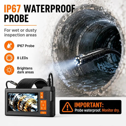 Dual Lens Borescope With 32GB Card, 4.3 Inch Endoscope Camera With Light, 1080P Photo And Video, 16.4ft SemiRigid Inspection Snake, No Apps Needed, IP67 Waterproof For Automotive Engine And HVAC probe in wet pipe