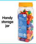 Fruit Counters Set Of 108 Kid Approved Rubber Math Blocks For Toddlers 3 To 5 Preschool Sorting Toys in a storage jar.