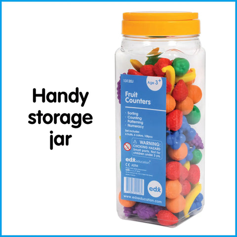 Fruit Counters Set Of 108 Kid Approved Rubber Math Blocks For Toddlers 3 To 5 Preschool Sorting Toys in a storage jar.