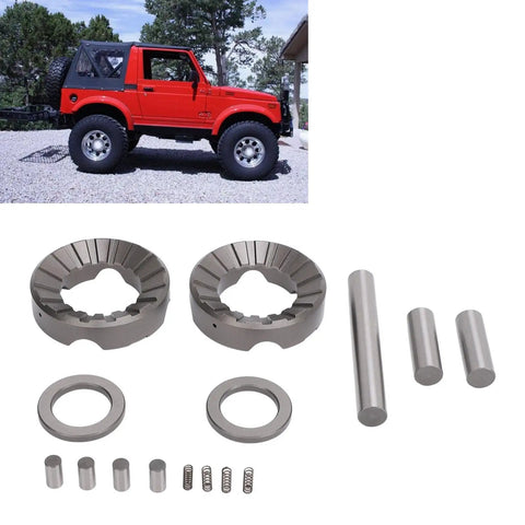 Heavy Duty Differential Locker Axle Kit For Suzuki Samurai Rear End Swap Featuring 26 Splines And Solid Mechanical Locking Action parts laid out with red Suzuki Samurai in background.