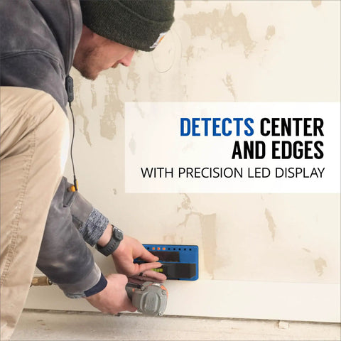 Man using ProSensor 710 Plus 13 Sensor Stud Finder With Wood And Metal Detector Wall Scanner Built In Bubble Level Deep Detection Up To One Point Six Inches For DIY Enthusiasts Blue Made In The USA on wall