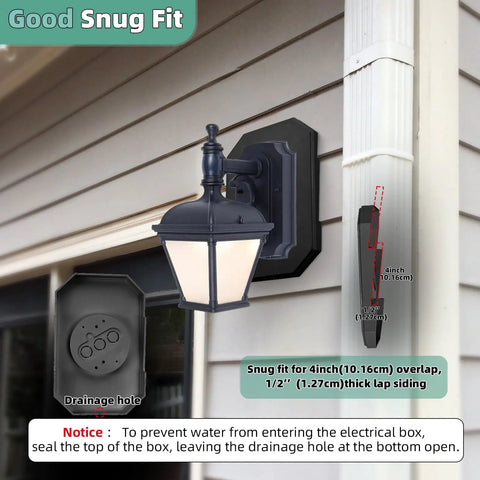 Vinyl Siding Mounting Block For Outdoor Lights With Built In Electrical Box Fits Half Inch Lap Siding And Four Inch Overlap Black Large Size 1 Pack No Fuss Easy Install Durable Siding Plate Mount on white siding with lantern