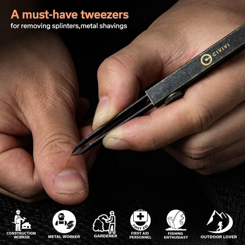 Close-up of Ultra Precision Splinter Tweezers with Retractable Keychain for EDC Carry removing thorn from a hand.