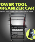 Front view of Power Tool Cart With Battery Charging Station And Eight Outlet Power Strip Mobile Garage Workbench On Wheels For Mechanics