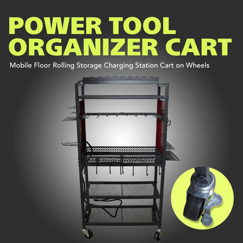 Front view of Power Tool Cart With Battery Charging Station And Eight Outlet Power Strip Mobile Garage Workbench On Wheels For Mechanics