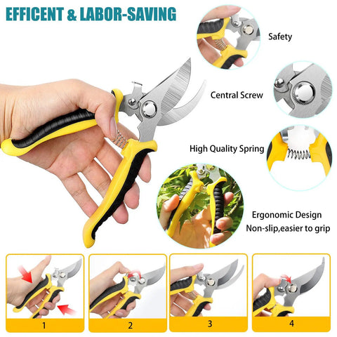 Three Pack Garden Pruning Shears With Stainless Steel Blades Handheld Clippers, showing locking safety and ergonomic grip