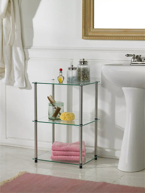 Tall Glass End Table With Three Tier Shelves, Modern Glass Side Table For Living Room, Sleek Sturdy Metal Frame