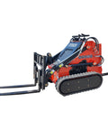 Red compact Mini Skid Steer Loader with 1800Lbs capacity and pallet fork attachment for small projects, featuring tracks and controls