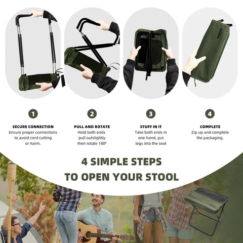 Steps to assemble the Extra Tall Portable Folding Stool For Adults With 16 Inch Carry Bag, showing folding and storing process