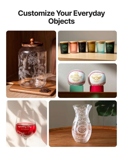 Collage of etched glassware and decor: glass jar with wooden lid, six colored tumblers, baseballs, stem wine glass, etched vase.