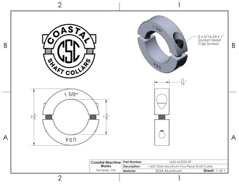 Two Pack Split Shaft Collar Clamp Set Built To Last Heavy Duty 2.625 Inch Outside Diameter Aluminum With 1.625 Inch Bore 0.688 Inch Thick Two Piece Design Includes Screws Made In USA, 1.625 in bore aluminum shaft collar
