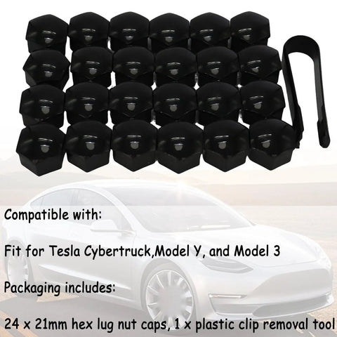 24-pack Dope Glossy Black lug nut cover caps with 21mm hex for Tesla Cybertruck Model Y and Model 3 displayed with removal tool
